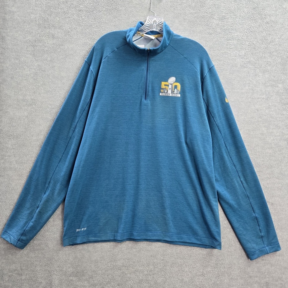 Super Bowl 50 Men Sweatshirt XL Blue Dri Fit Logo Graphic Swoosh 1/4 Zip READ
